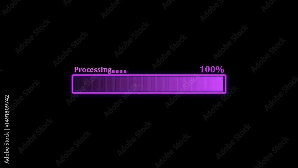 Poster digital processing progress bar animation displaying 100 percent completion against a black backgrou