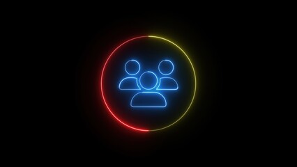 Glowing neon team symbol depicting a group of people within a colorful circle on a black background representing teamwork and community.