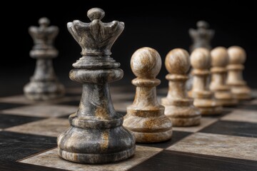 Chess Queen Leading Pawns on Board Strategy Game