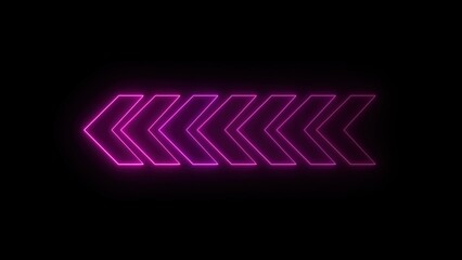 Glowing neon pink arrows pointing left on a dark black background showing direction or progress abstract modern design concept