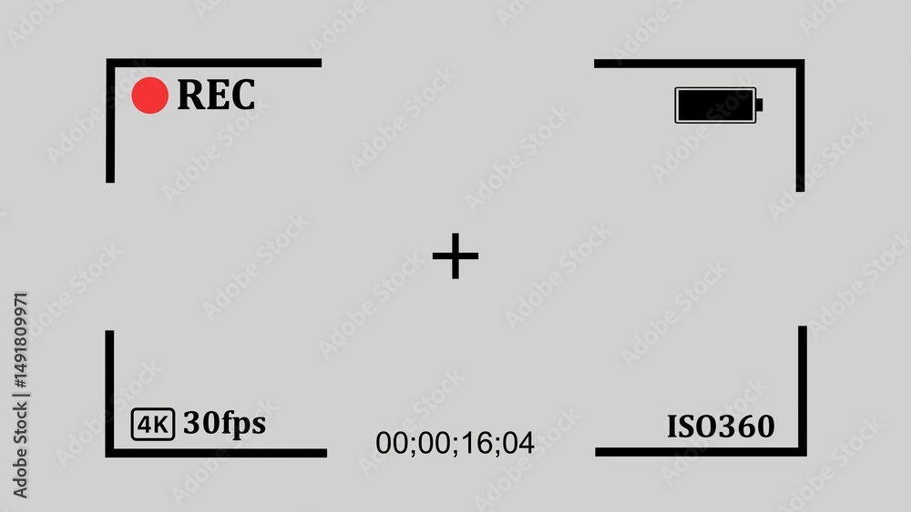 Poster camera viewfinder interface showing recording status and other related video settings on a gray back