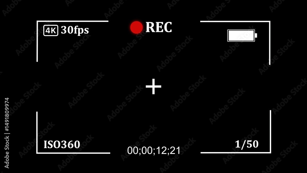 Poster camera viewfinder recording interface on black background with resolution details and battery indica