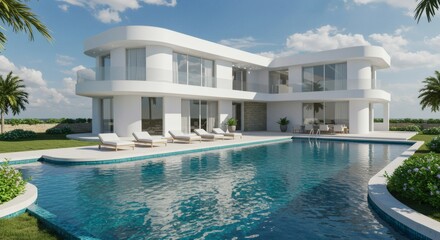 Exterior of modern minimalist white villa with swimming pool.