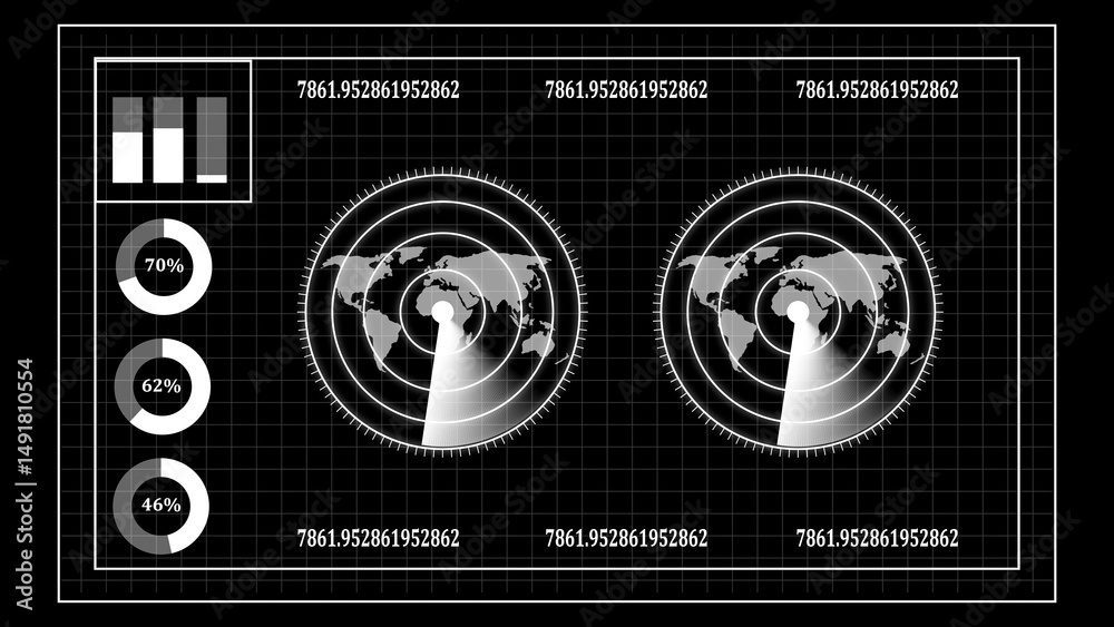 Fototapete futuristic data visualization interface showing global radar scan with informative progress graphs a
