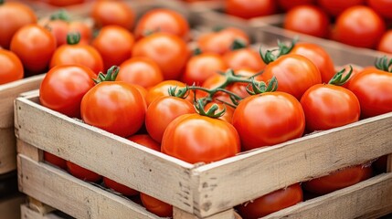 Fresh ripe tomatoes stacked in wooden crates at a market or farm stand.