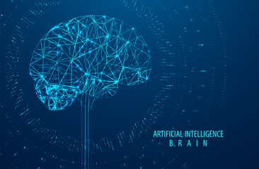Artificial Intelligence illustration of brain. Machine learning concept. Abstract glowing brain connections. Particles liquid dynamic flow. Graphic concept for your design