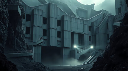Fototapeta premium A brutalist megastructure used as a blacksite research facility, buried into the side of a mountain, created by generative ai