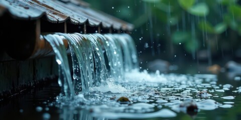 Tranquil Rainfall Water cascading from a rustic roof into a serene pool, creating a peaceful and calming atmosphere.
