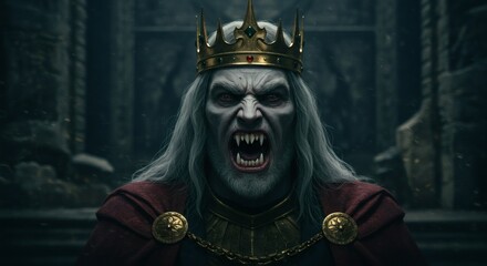 king with golden crown is a scary vampire, face close up