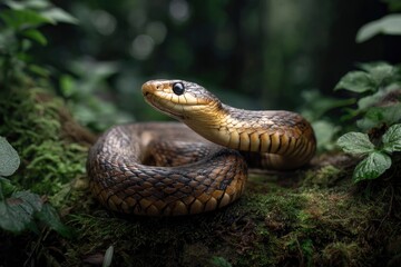 Fototapeta premium Snake Coiled on Mossy Ground Looking Upward in Forest