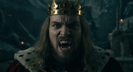 king with golden crown is a scary vampire, face close up