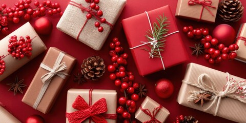 Close-up of brown paper wrapped gifts tied with red bows on a plain background, perfect for holiday themes.