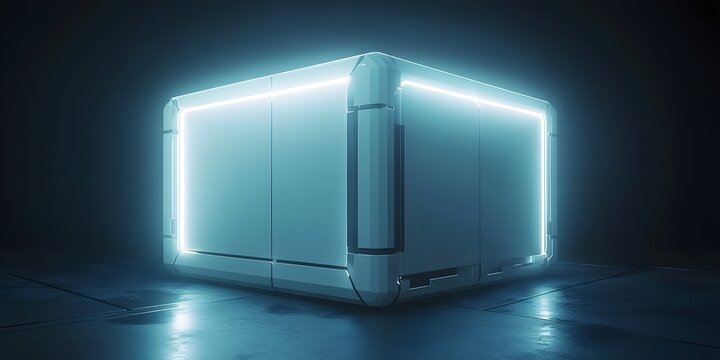 Futuristic, illuminated cube-shaped structure on a reflective floor.
