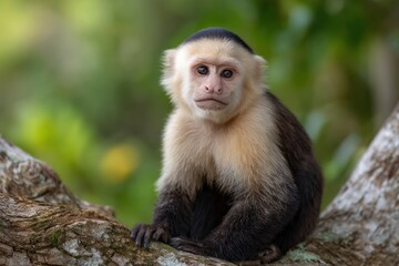 Fototapeta premium Capuchin Monkey Perched on Branch Looking at Camera