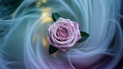 Single pink rose on flowing sheer fabric