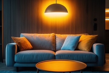 Modern living room with a gray couch, warm lighting, and accent pillows