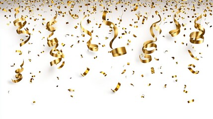 Gold confetti and streamers on a white background