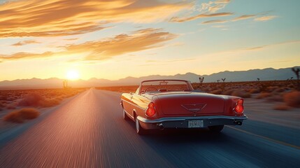 Red vintage convertible driving down a desert highway at sunset with mountains and scattered desert vegetation under a partly cloudy sky