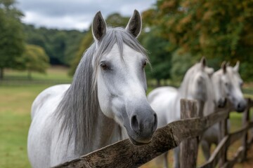 Obraz premium Gray Horses Standing Near Fence in Green Field