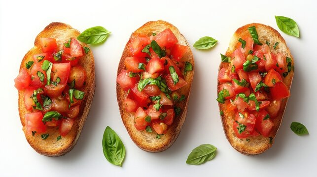 Close up of three bruschetta appetizers with tomatoes and basil on white plate
