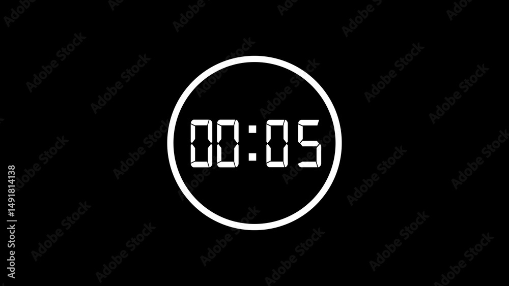 Poster digital timer displaying five seconds remaining within a white circle isolated against a black backg