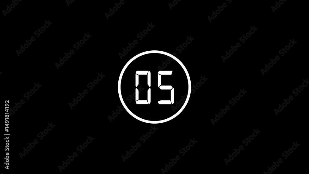 Poster digital timer displaying the number five digitally represented within a white circular frame on a bl