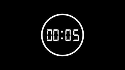 Digital timer displaying five seconds remaining within a white circle isolated against a black background perfect for countdown announcements
