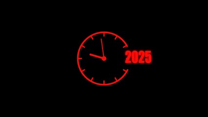 Red illuminated clock face indicating the year 2025 against a black background conceptually depicting time and the future for business or corporate marketing.