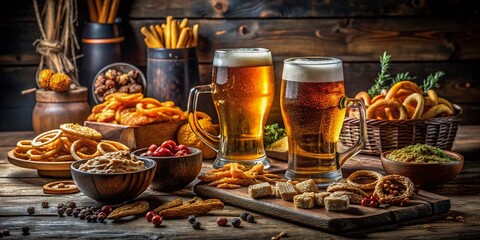 Fototapeta premium Long Exposure Photo of Beer and Snacks on Rustic Wooden Table