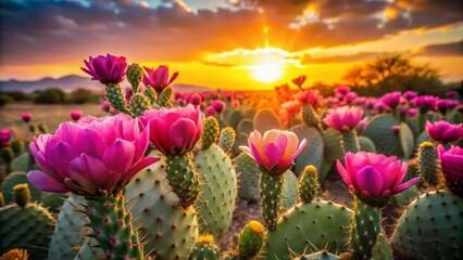Fototapeta premium Long Exposure Prickly Pear Cactus Blossom Field at Sunset, Vibrant Pink Flowers