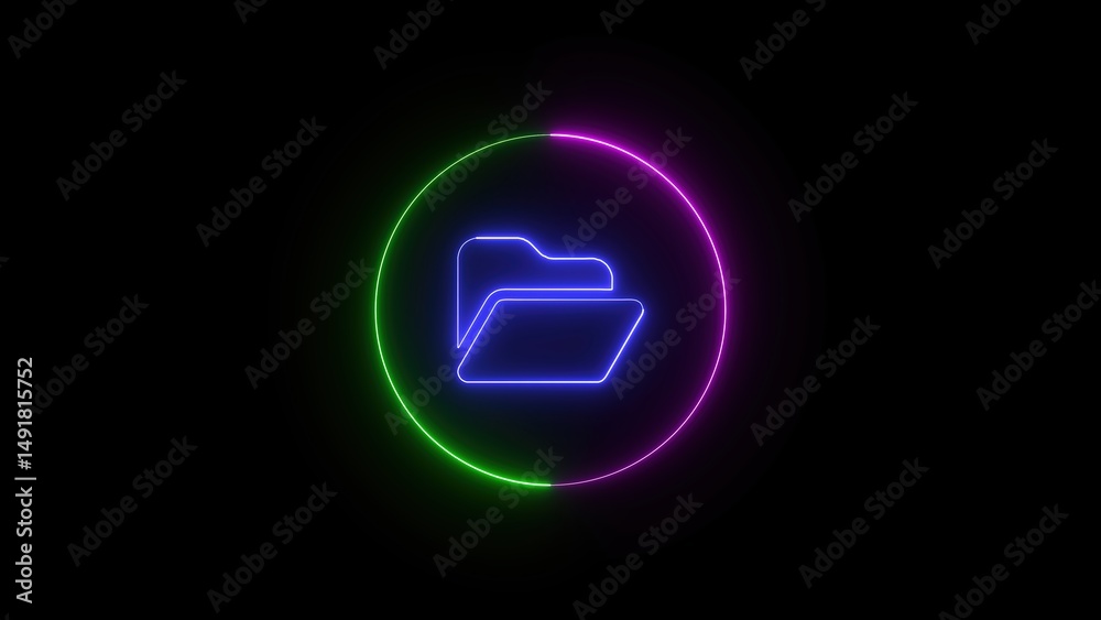 Poster glowing neon folder icon centered on a black background digital file storage concept illustrating da