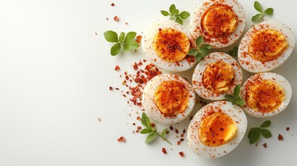 Halved boiled eggs sprinkled with spices and garnished with green herbs view