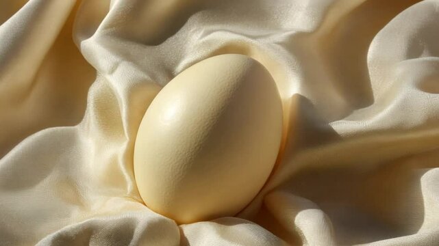 A smooth ostrich egg resting on soft, beige satin fabric.