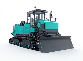 Teal tracked bulldozer with a large blade, isolated on white background.
