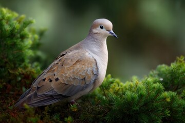 Fototapeta premium Mourning Dove Perched on Greenery Looking Right