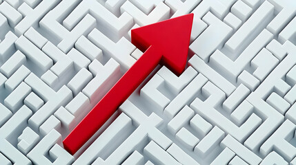 Red Arrow Pointing Up in White Maze Symbolizing Success Journey