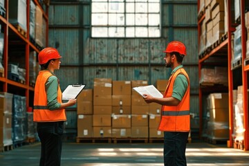 Two warehouse workers wearing orange safety vests and helmets reviewing documents inside a large storage facility with stacked cardboard boxes