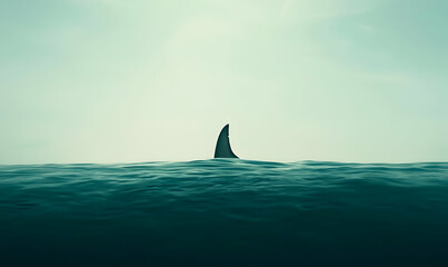 Fototapeta premium Shark Fin Emerging from Calm Ocean Waters Beneath a Bright Sky
