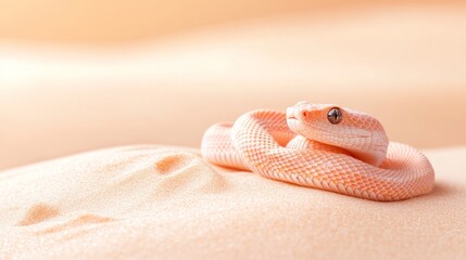 Fototapeta premium Brightly colored serpent nestled in golden grains of sand, showcasing its unique scales and blending with the tranquil desert environment during daylight