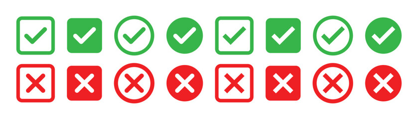 Set green approval check mark and red cross icons collection in circle and square, checklist signs, flat checkmark approval badge, 