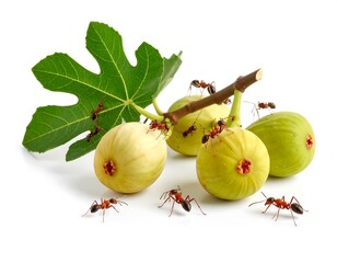 Ripe figs with ants crawling on a white backdrop. The image showcases the figs' textures and colors, alongside a detailed leaf, offering a naturalistic portrayal
