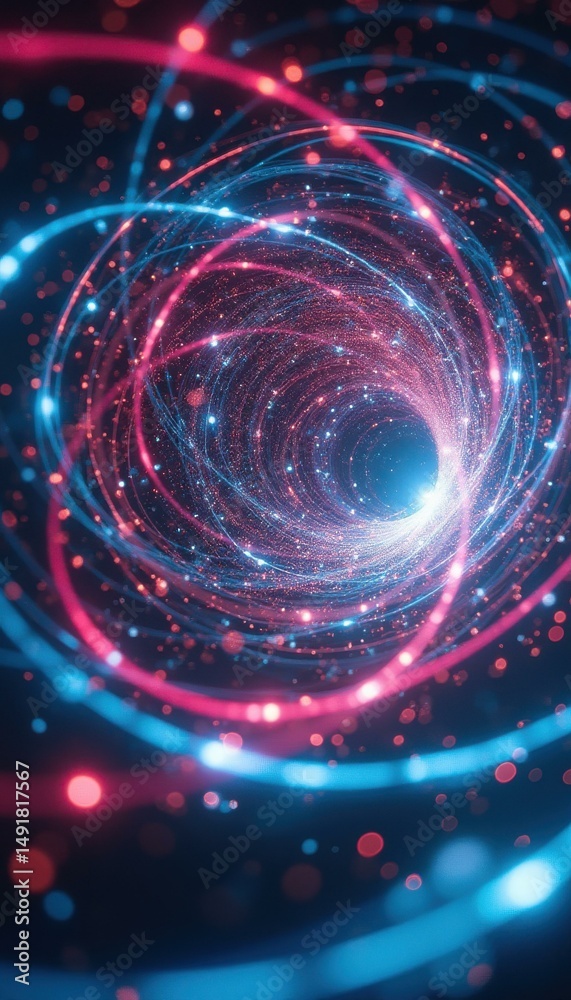 Poster Abstract Space Tunnel with Glowing Orbits of Blue and Red Light, Creating a Futuristic Portal Effect