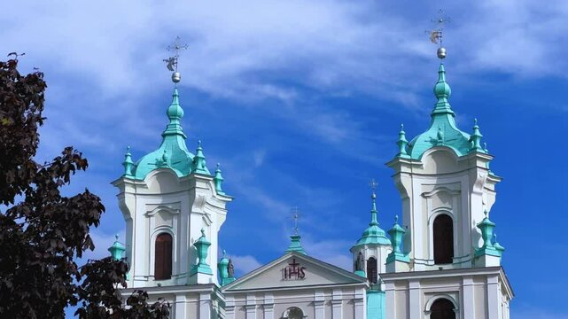 GRODNO, BELARUS - SEPTEMBER 2, 2024: View of the Church of St. Francis Xavier, on a sunny autumn day. Catholic Cathedral bearing the title of minor basilica. 4K