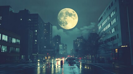 A giant moon hanging low in the valley.

