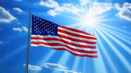 Fototapeta premium An American flag gently waving in the wind with rays of light streaming through the blue sky above