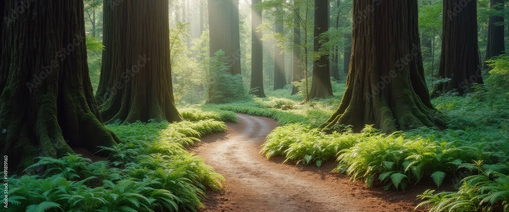 Poster sunlit dirt path meanders through a lush forest of towering trees with ferns and foliage casting sha