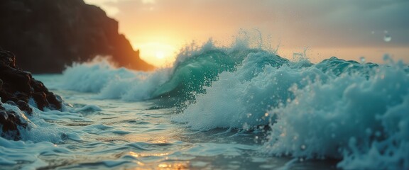 Ocean wave crests and breaks during a golden sunset off rocky shore