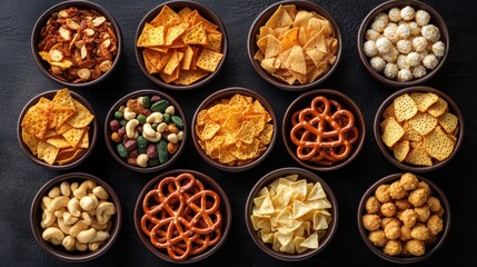 Variety of Snack Bowls Arranged on Dark Surface, Overhead Food Photography