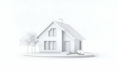 Fototapeta premium Modern Minimalist House with Key on Round Base Surrounded by Trees