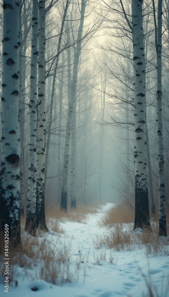 Poster winter path through a forest of birch trees in the foggy light
